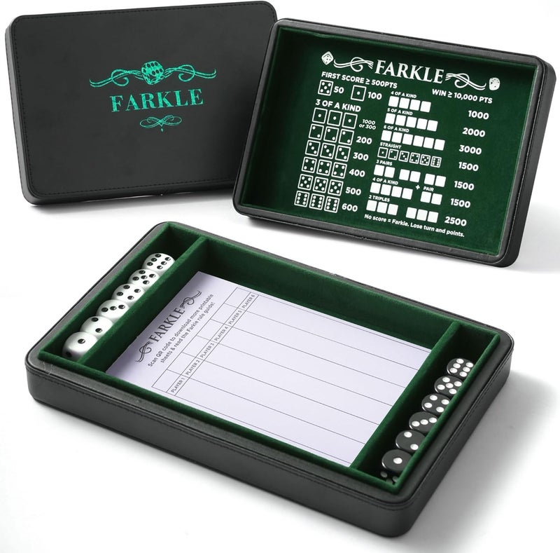 Soar Forge Deluxe Farkle Dice Tray and Storage - Elegant Faux Leather Travel Case with Score Sheets, 2 Sets of Dice & Velvet Lined Rolling Arena for Many Classic Games (Emerald Green) - Image 1